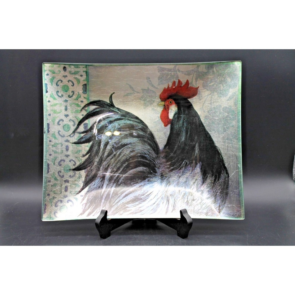 Susan Winget Rooster Decorative Glass Plate 13" x 10" Rectangular Silver Backed